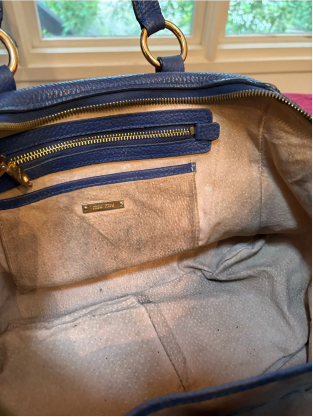 Miu Miu Blue Leather Satchel Bag With Gold Hardware